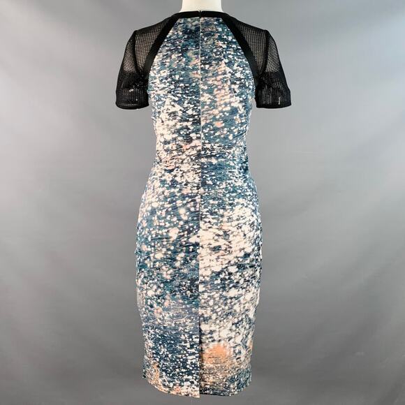 KAREN MILLEN Size 4 Black Green White Acetate Blend Abstract Mesh Sleeves Dress - Picture 4 of 6